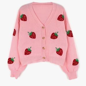 Strawberry Knit Cardigan Cute Button Front Long Sleeve Sweater Size XL or 10 12